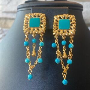 Earrings Avon Turquoise Enamel Gold Chandelier Posts Caribbean Blue 2” Vintage